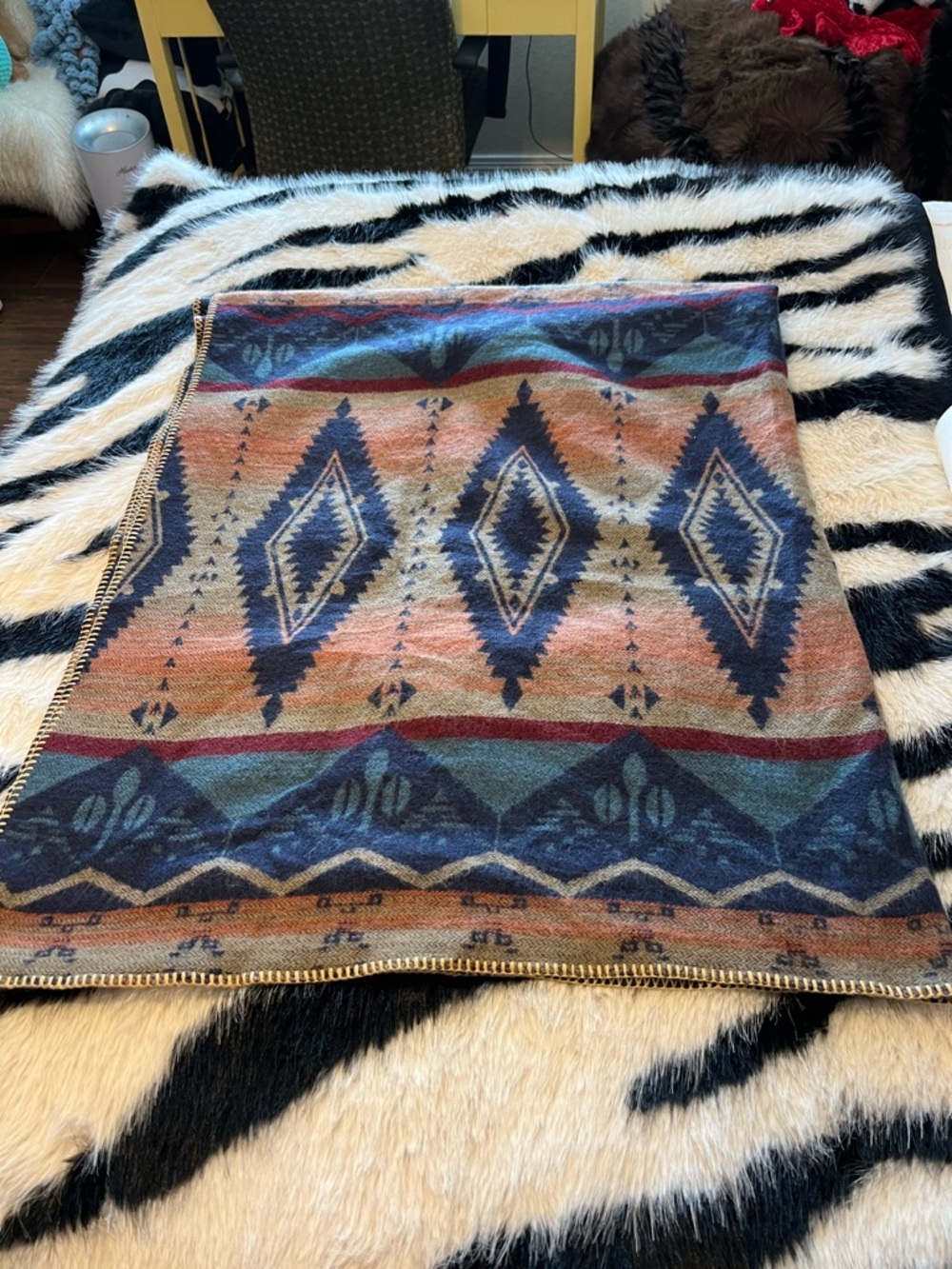 Southwestern Reversible Patterned Shawl Wrap in Navy, Rust, Teal - Picture 3 of 5